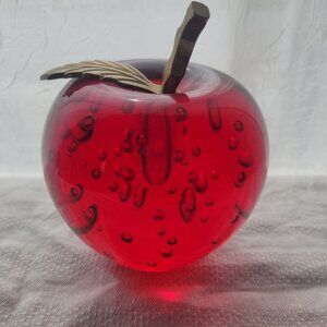 Dynasty Heirloom Red Glass Apple Paperweight With Brass Stem & Leaf